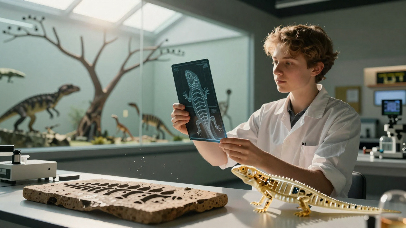 Jovem cientista analisa raio-x de lagarto em laboratório com fósseis e modelo anatômico.