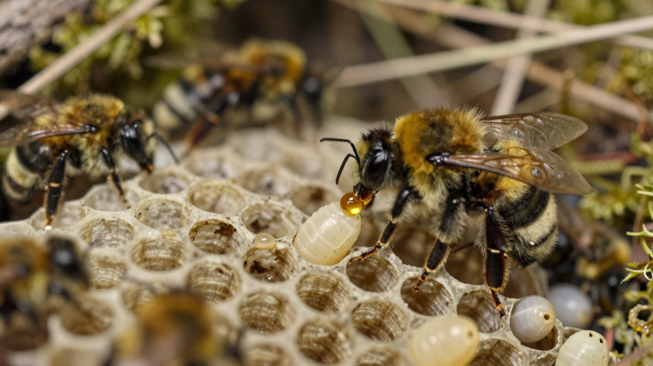 Abelha operária cuidando de larvas na colmeia com células hexagonais e outras abelhas ao redor.