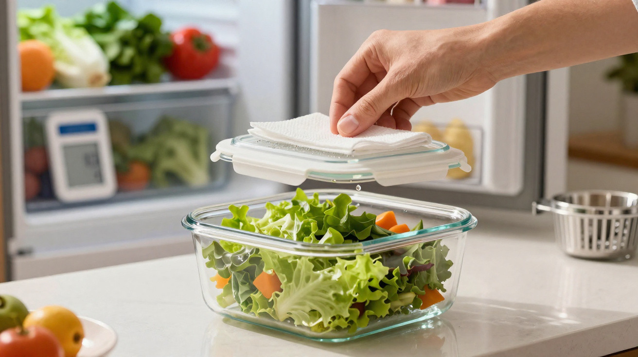 Pessoa fechando recipiente de vidro com salada fresca dentro na cozinha iluminada.
