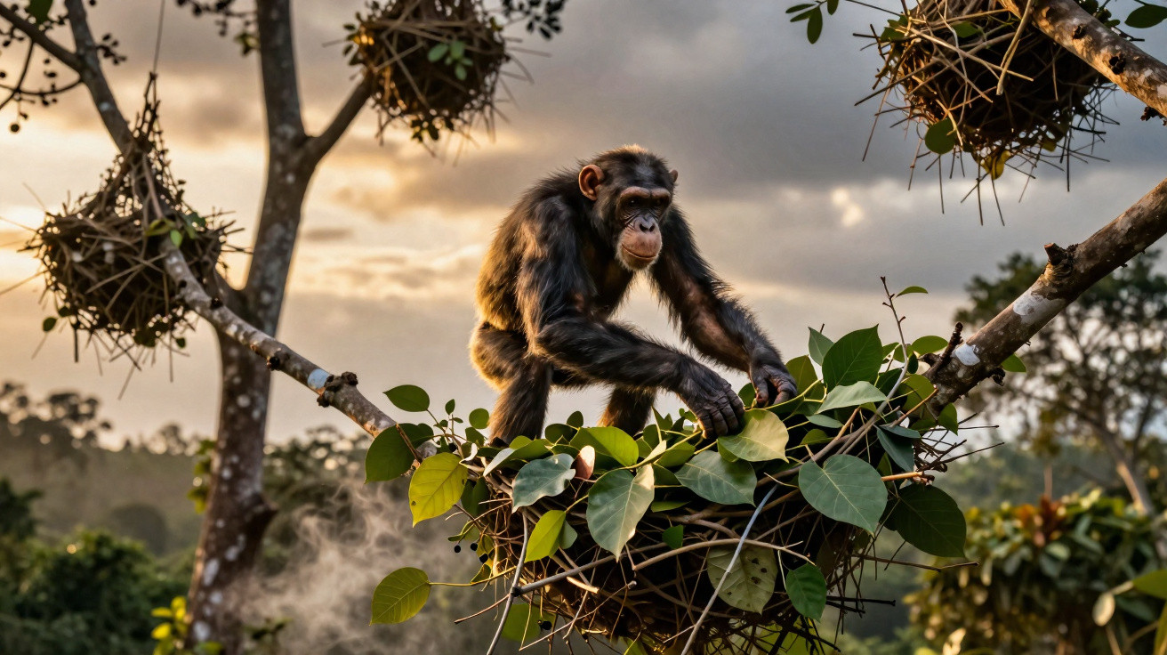 Chimpanzé cuidando de um ninho de galhos com folhas em uma árvore ao entardecer.