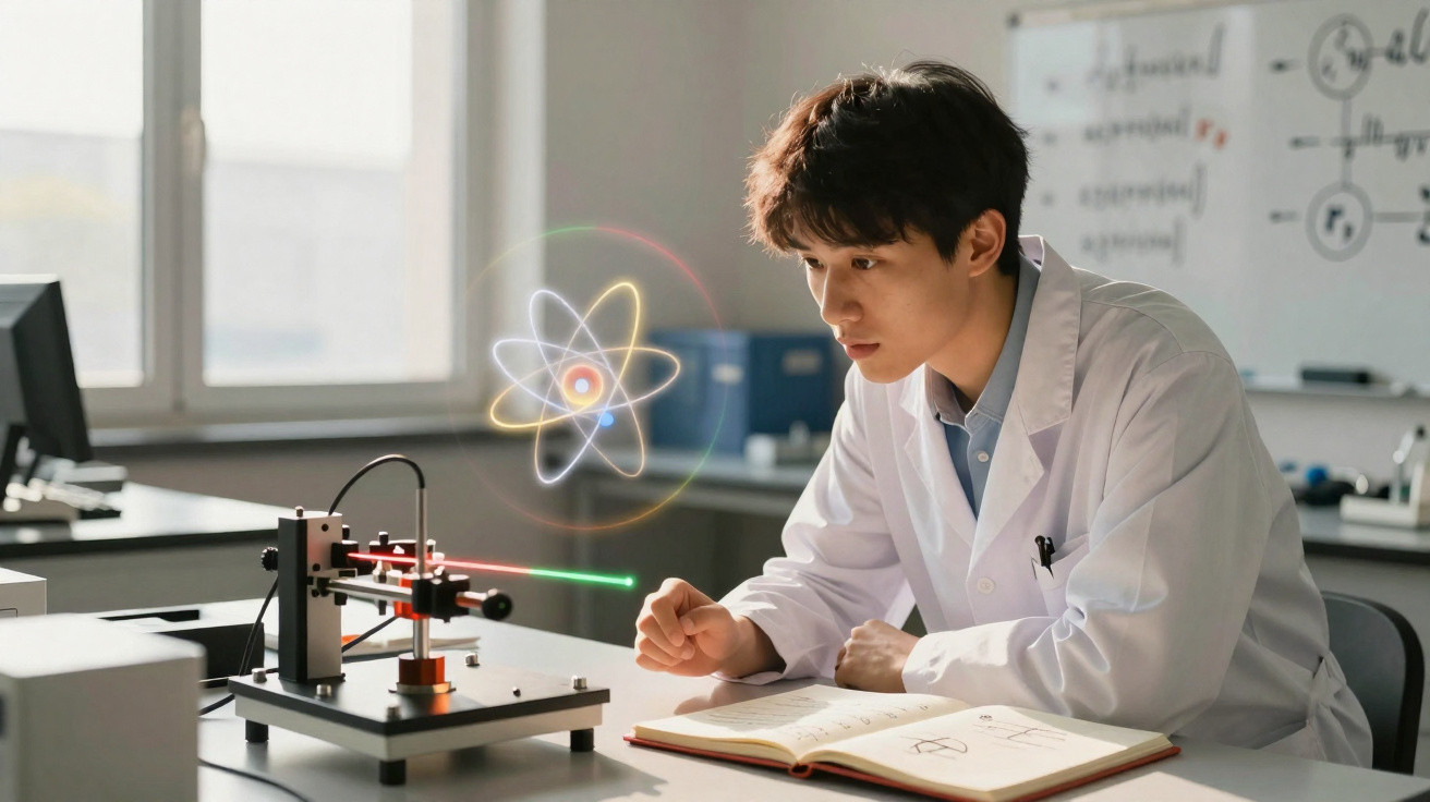 Jovem cientista analisando experimento com laser em laboratório enquanto estuda em livro aberto.