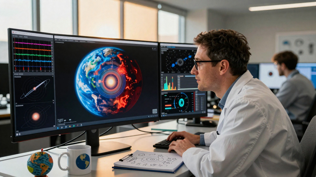 Cientista analisa simulação digital do interior da Terra em estação de trabalho com múltiplas telas.