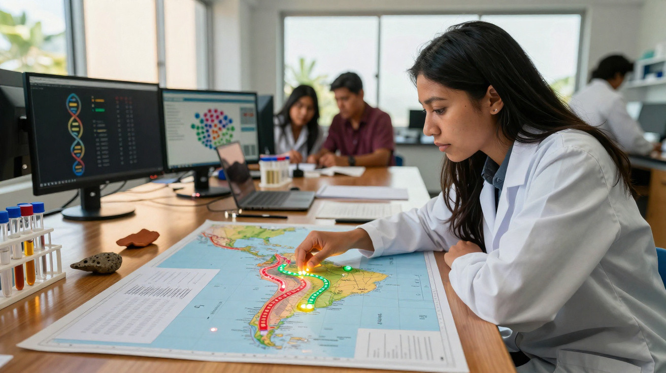 Mulher em jaleco interage com mapa iluminado em laboratório, com colegas e computadores ao fundo.