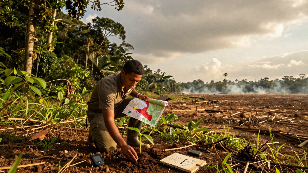 Homem planta muda segurando mapa ao lado de área de floresta desmatada sob céu nublado.