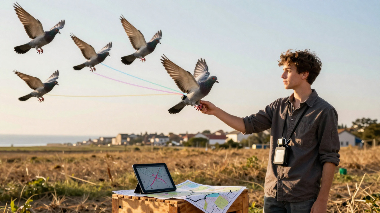 Jovem solta pombo com fios coloridos em campo aberto com tablet e mapas sobre caixa de madeira.