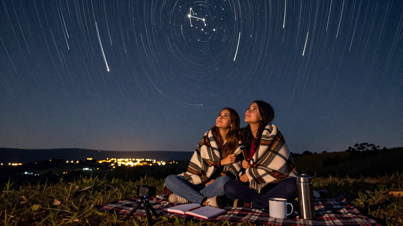 Duas mulheres sentadas em um campo à noite observando estrelas e constelação sob céu estrelado em trilhas circulares.