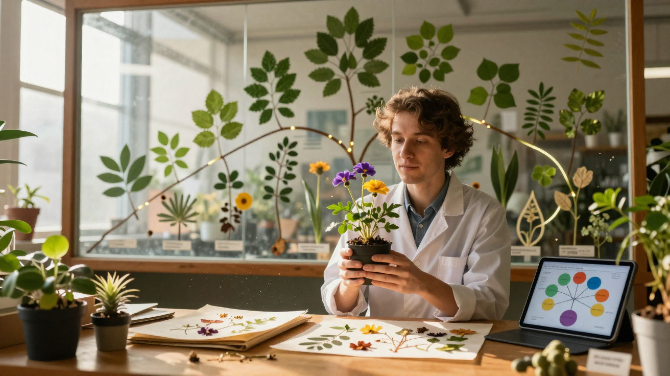 Jovem cientista estudando planta em vaso, cercado por folhas e diagrama em tablet em laboratório botânico.