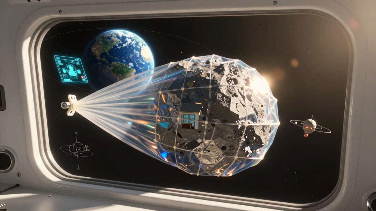 Visão do espaço mostrando Terra, satélite em rede e tela digital dentro de nave espacial.
