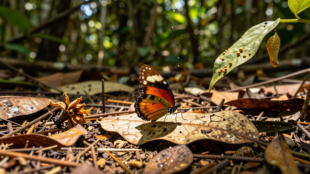 Borboleta laranja com asas pretas pousada em folha seca no chão de mata com casulo pendurado em folha verde.