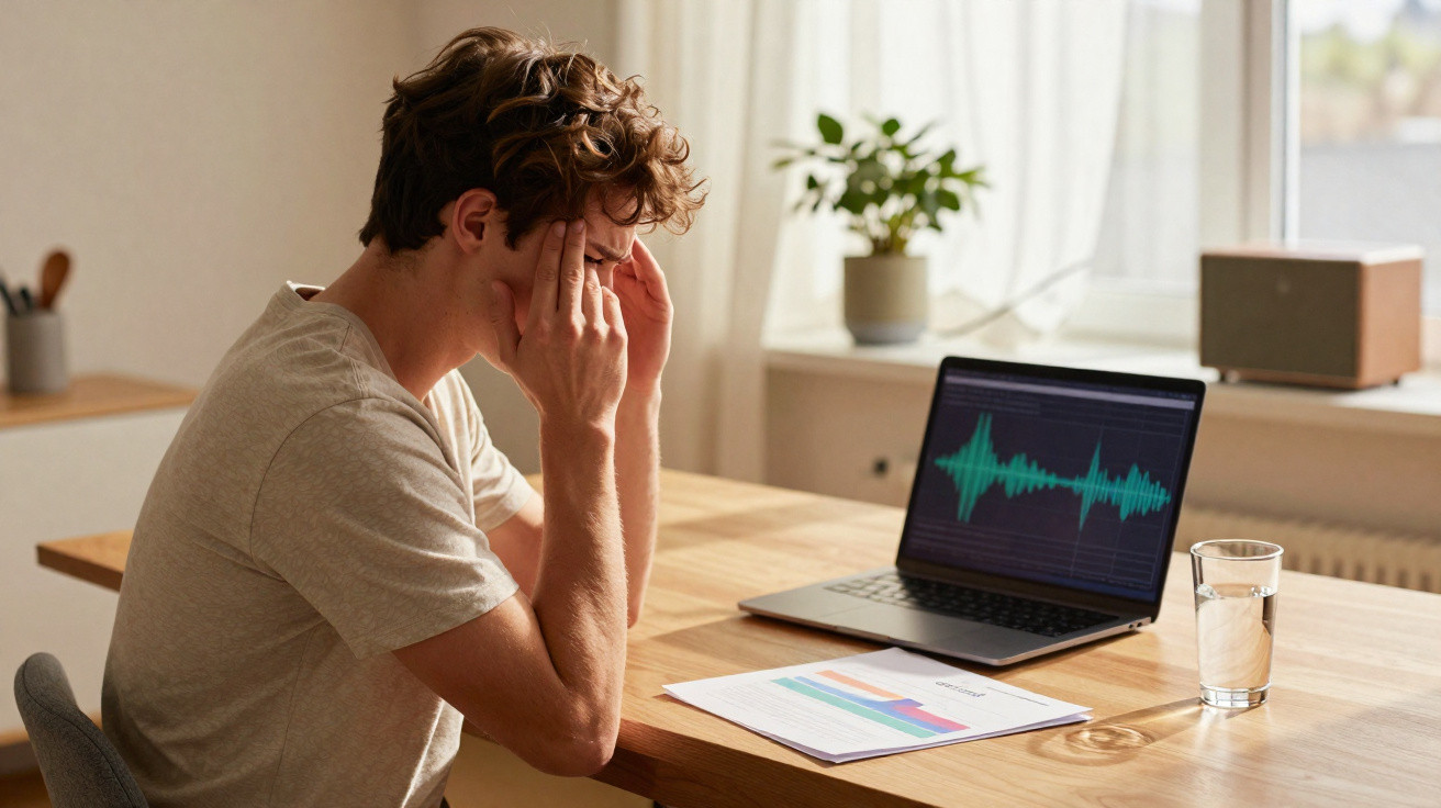 Jovem sentado à mesa com laptop exibindo ondas sonoras, mãos na cabeça, aparentando estresse.