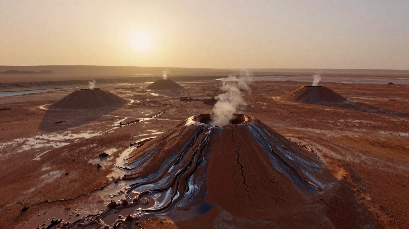 Vulcões de lama ativos lançando vapor em área desértica ao pôr do sol.