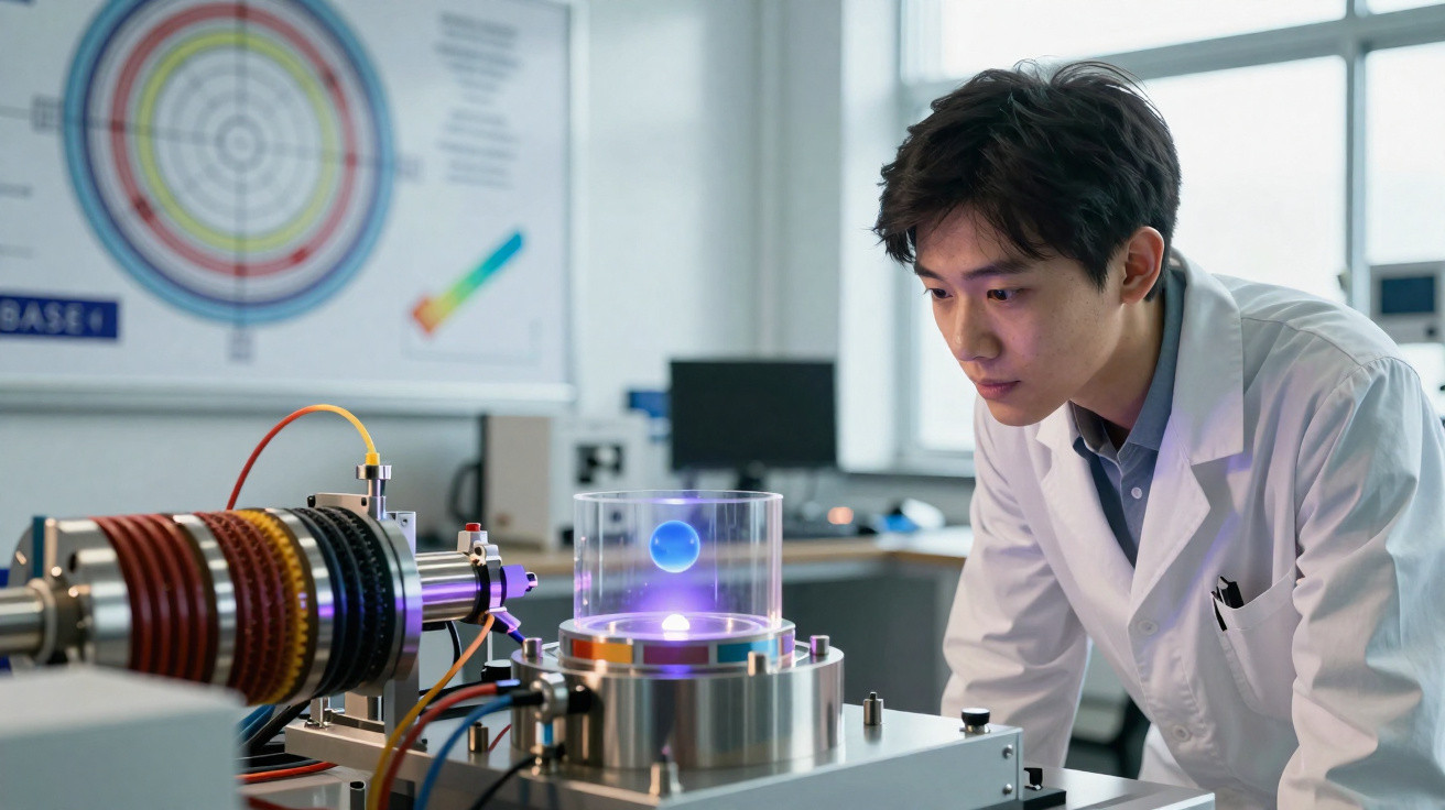 Cientista observando experimento tecnológico com esfera flutuante em laboratório moderno.