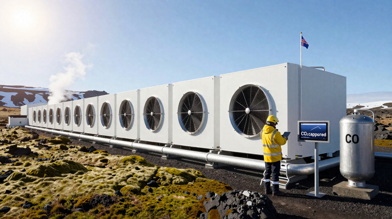 Instalação de captura de CO2 ao ar livre com grandes ventiladores e trabalhador usando equipamento de proteção.