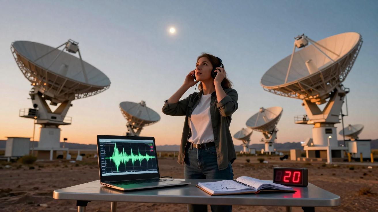 Mulher com fones em mesa com laptop e rádios, ao redor várias antenas parabólicas ao entardecer no deserto.
