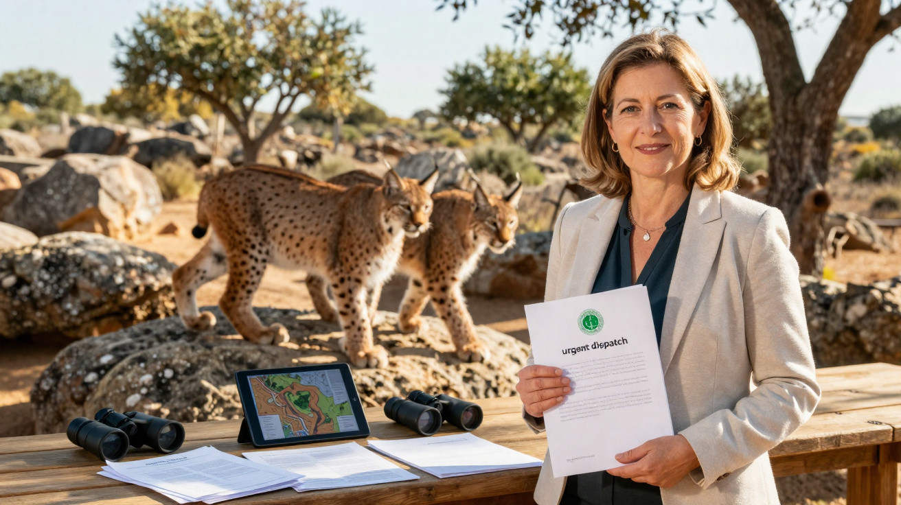 Mulher segura documento em área externa com duas linces, binóculos, mapa e papéis sobre bancada de madeira.