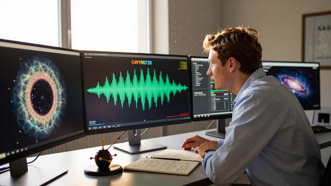 Homem analisando gráficos e ondas sonoras em múltiplos monitores em ambiente de trabalho científico.