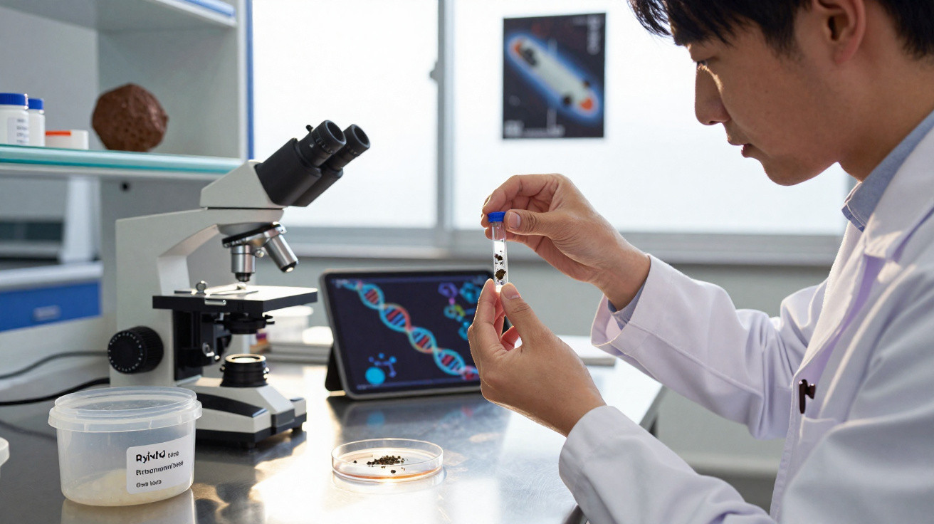 Pesquisador segurando tubo de ensaio em laboratório com microscópio e tablet mostrando cadeia de DNA.