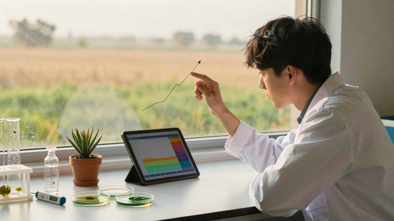 Jovem cientista em jaleco analisa gráfico em tablet, sentado à mesa com petri, planta e frascos.