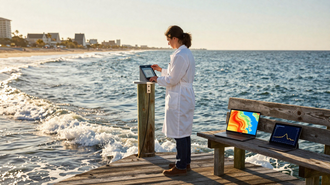 Pesquisadora em jaleco branca usando tablet em píer próximo ao mar com dois laptops exibindo gráficos coloridos em banco de m