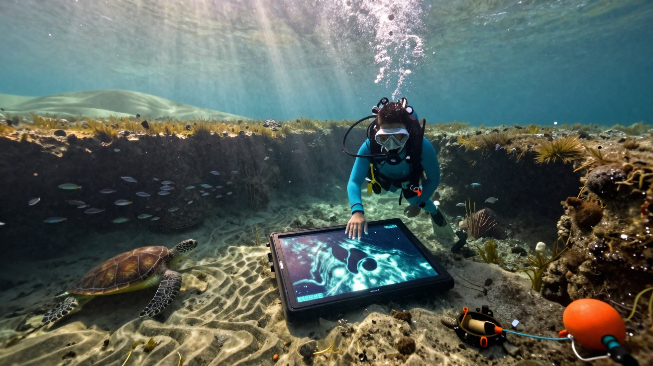 Mergulhador interagindo com tablet resistente subaquático próximo a uma tartaruga marinha no fundo do oceano.