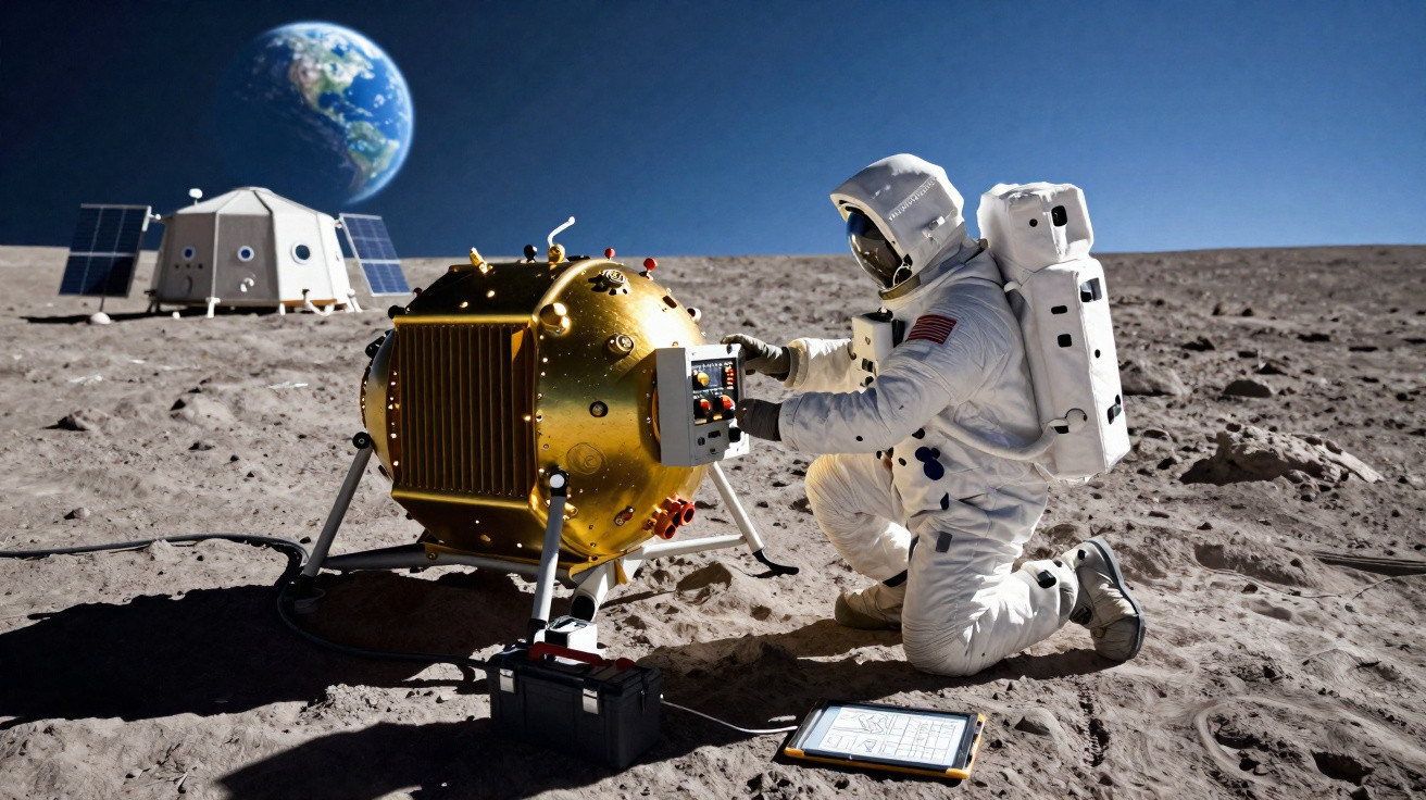 Astronauta em traje branco operando equipamento dourado na superfície lunar com Terra ao fundo e módulo lunar.