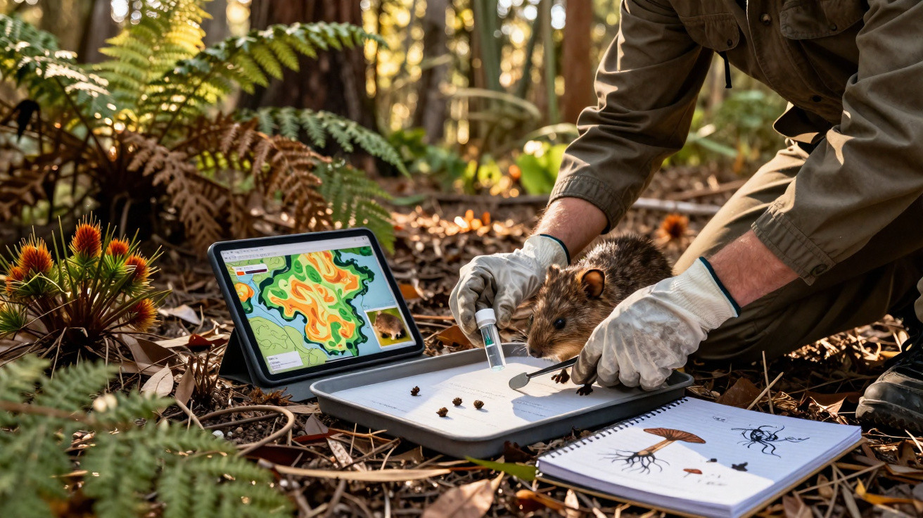 Pesquisador com luvas coleta amostra de rato no campo, com tablet e caderno de anotações ao lado.