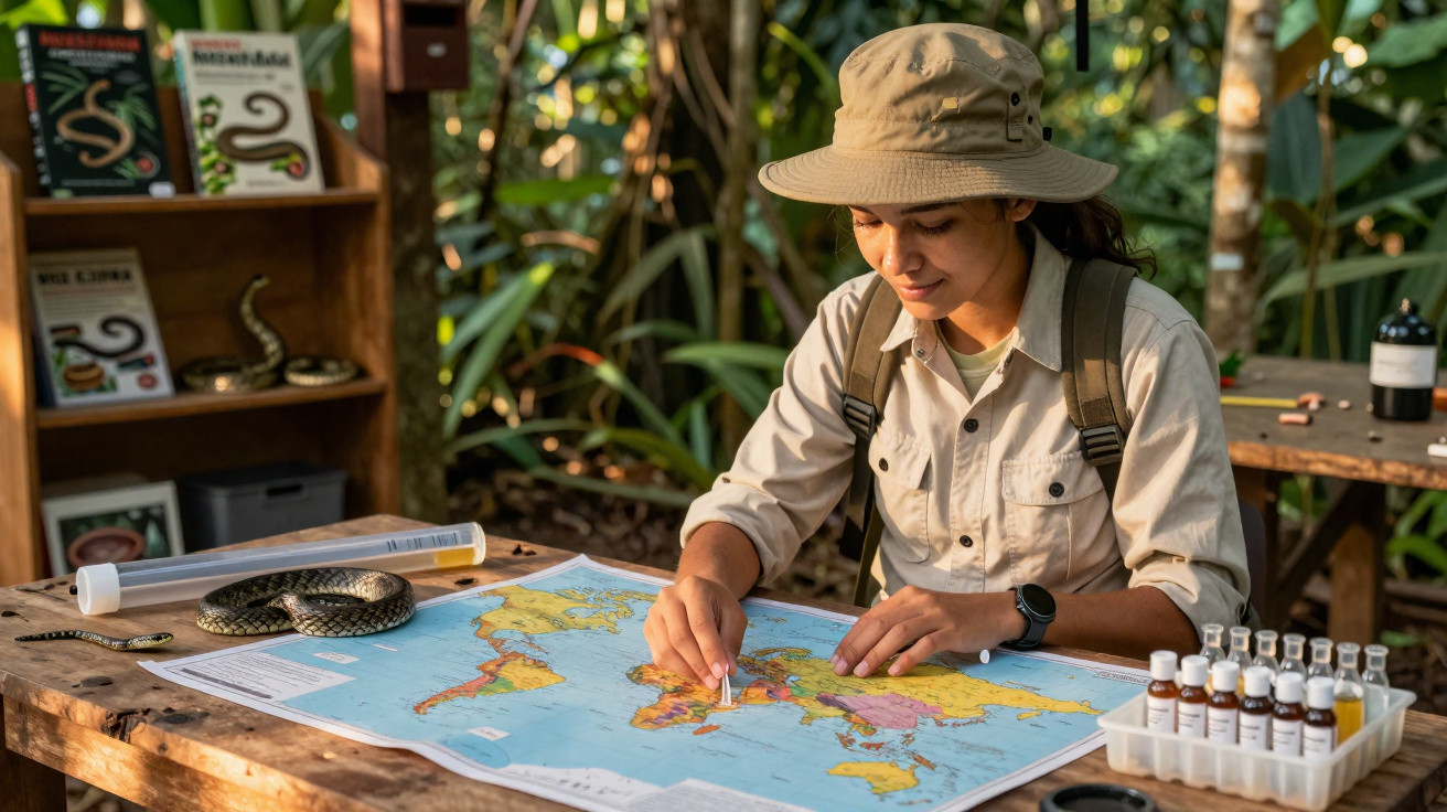 Mulher em roupa de exploradora marca localização em mapa-múndi em mesa de madeira cercada por plantas.