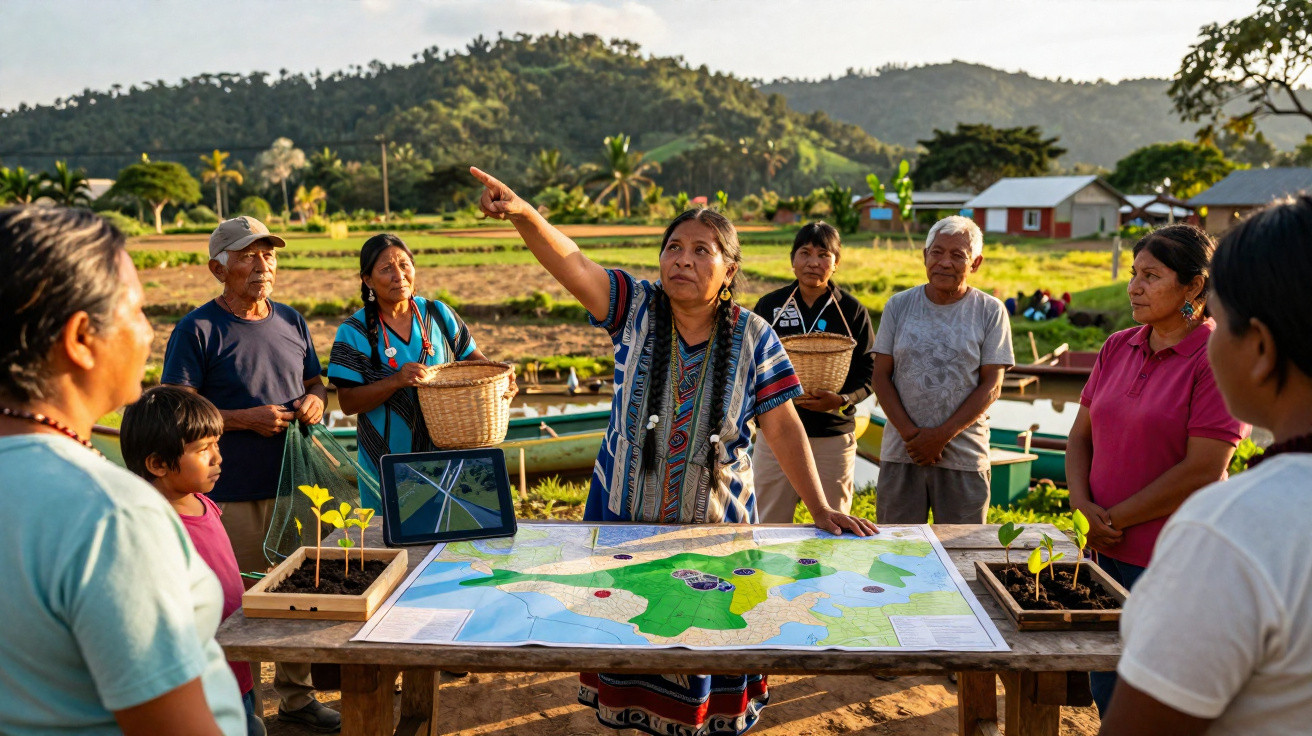 Comunidade indígena reunida ao ar livre discutindo mapas e plantas em mesa rústica.