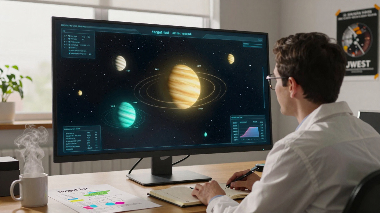 Homem com jaleco branco observa modelo digital do sistema solar em monitor grande na mesa de trabalho