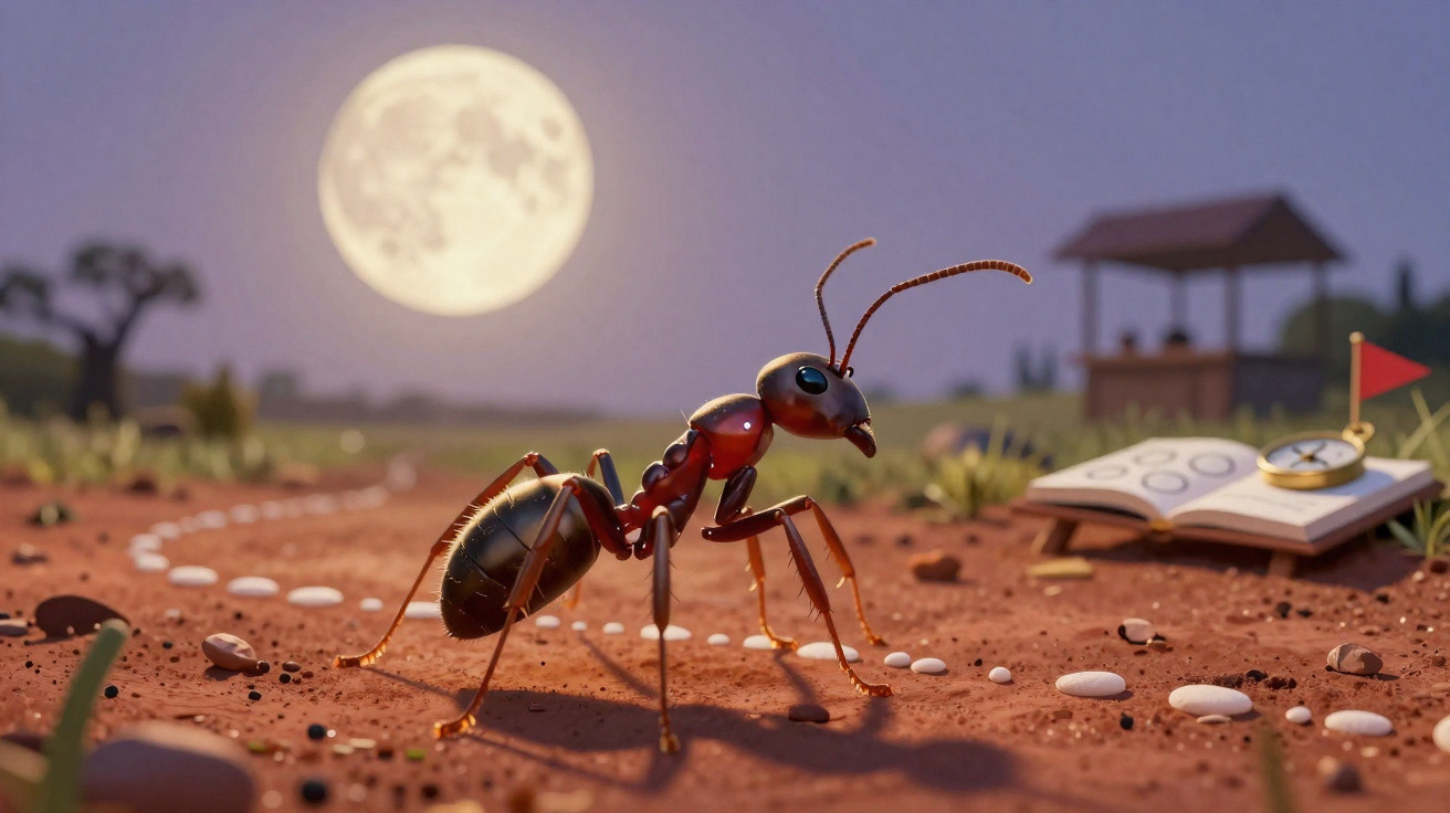 Formiga animada caminhando à noite em trilha de pedras, com lua cheia e bússola ao fundo.