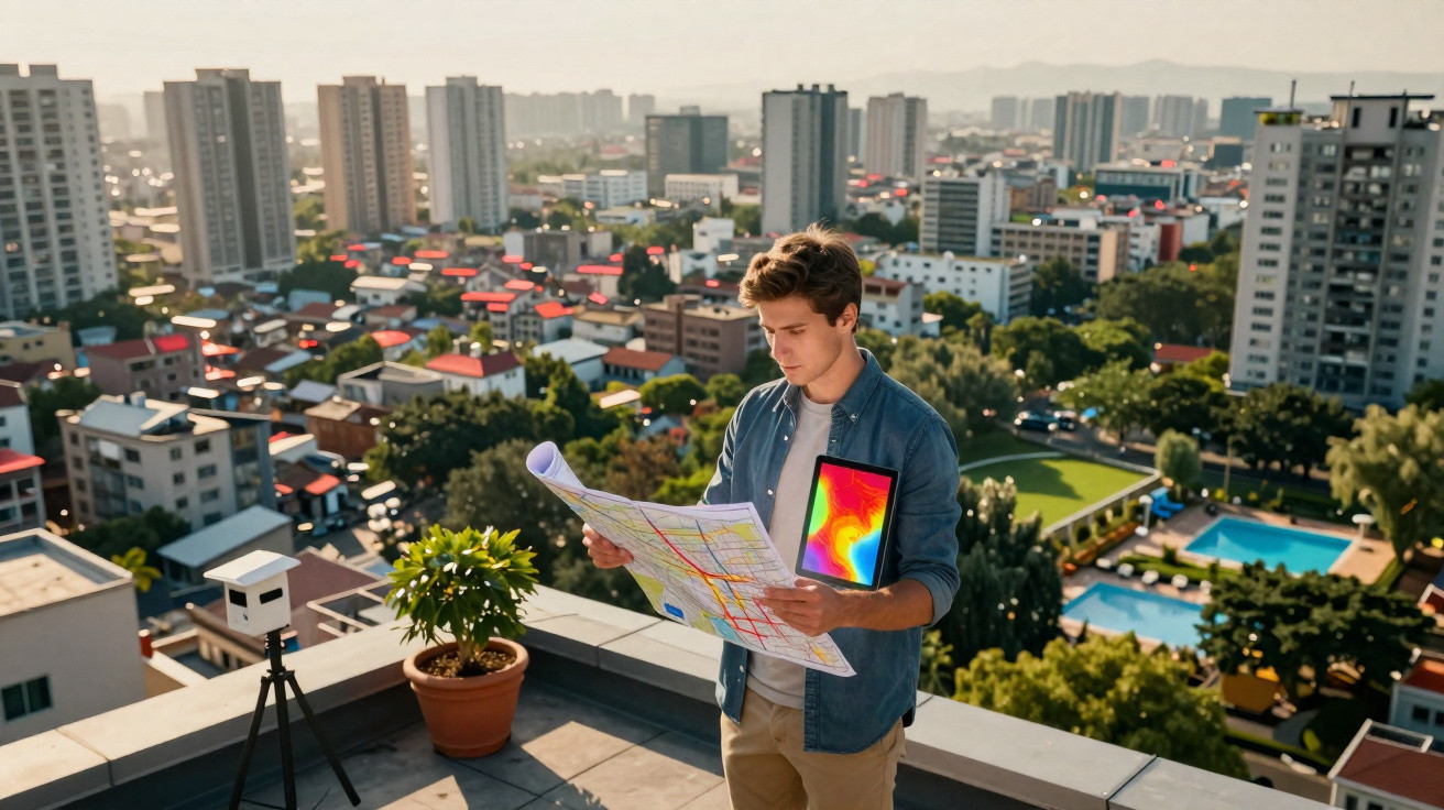 Jovem com mapa nas mãos olha atentamente para ele em um terraço com vista para cidade urbana ao fundo.