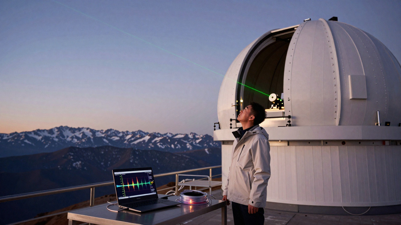 Pesquisador observa feixe de laser verde saindo de telescópio em observatório com montanhas ao fundo.