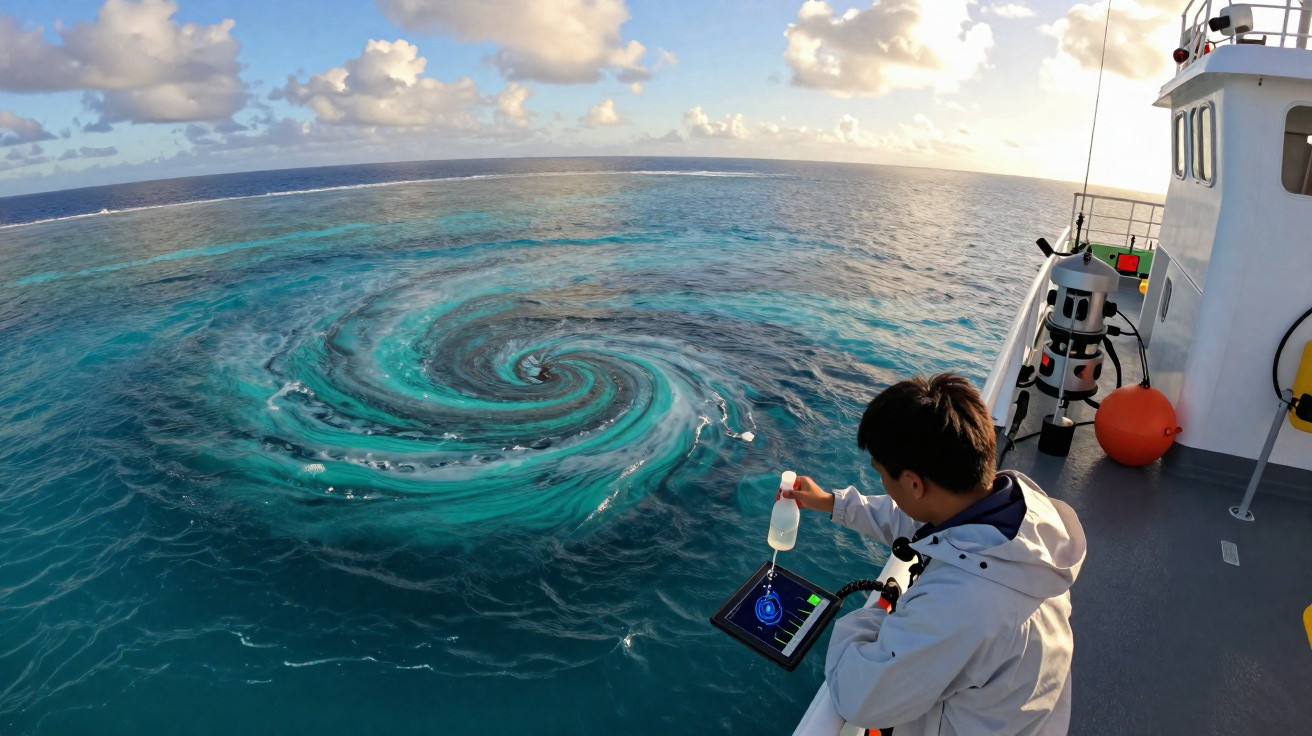Pessoa em barco rede de coleta sobre o mar com redemoinho azul sob céu com nuvens.