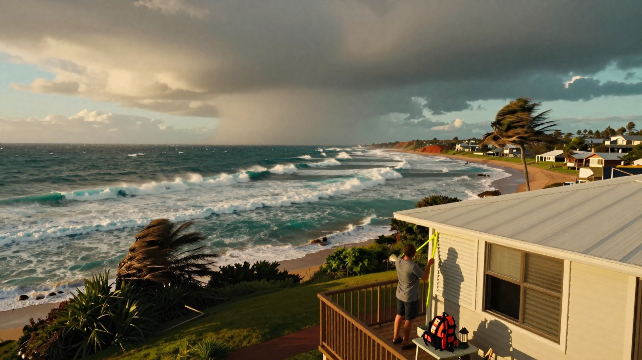 Praia com ondas grandes, céu nublado e pessoa medindo varanda de casa próxima ao mar.