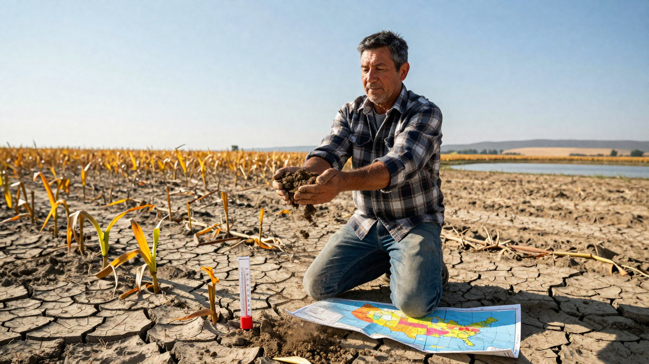 Homem ajoelhado em terra ressecada segura solo seco, com mapa e termômetro ao lado em campo afetado pela seca.