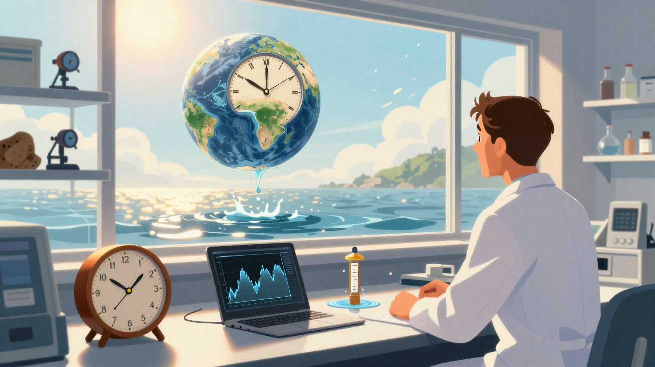 Cientista observa relógio em forma de planeta Terra derretendo sobre o oceano em laboratório.