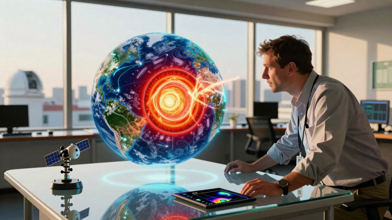 Homem estudando modelo holográfico do núcleo da Terra com tablete e satélite em mesa de escritório moderno.
