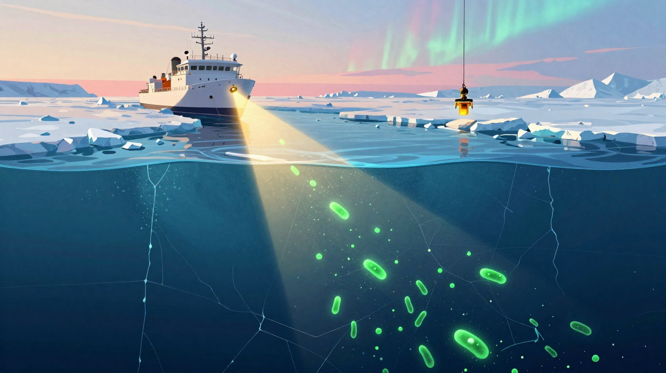 Navio navegando em águas geladas com luz iluminando bactérias verdes sob o gelo e aurora boreal ao fundo.