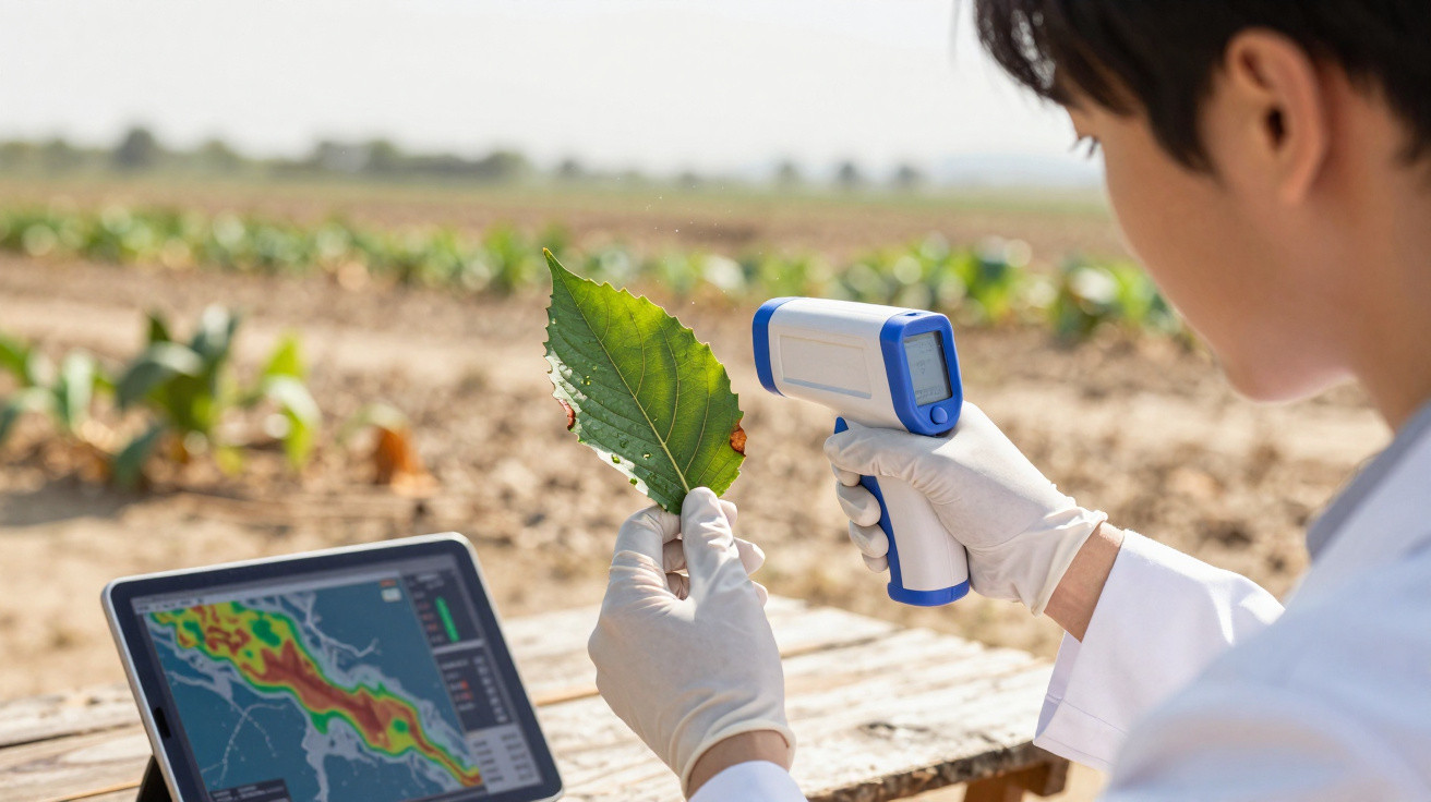 Pesquisador com luvas analisa folha com termômetro infravermelho em campo agrícola usando tablet com mapa climático.
