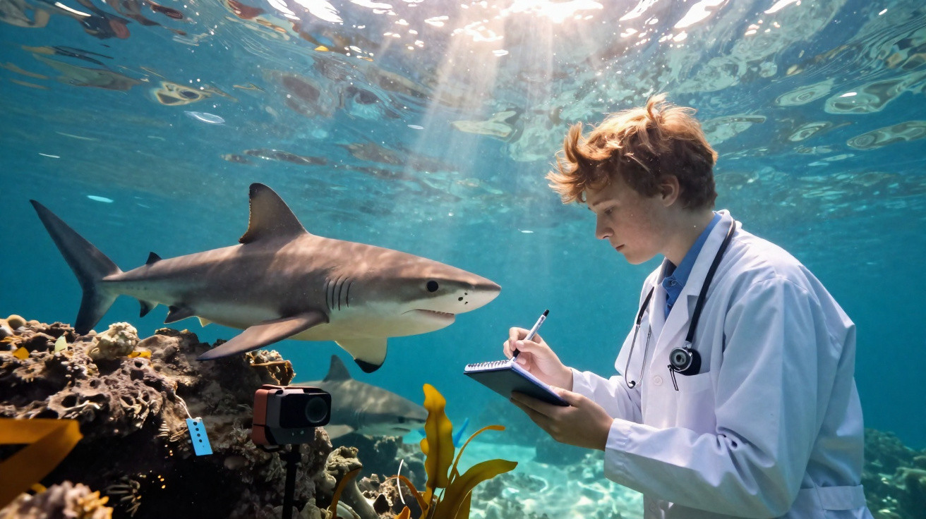 Jovem cientista vestido de médico examina tubarão e anota dados em caderno no fundo do mar.