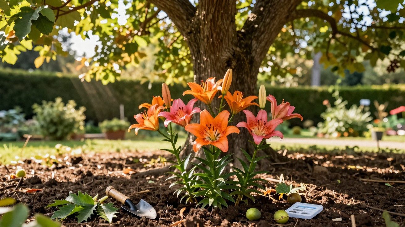 Grupo de lírios laranja e rosa crescendo sob uma árvore em jardim ensolarado.
