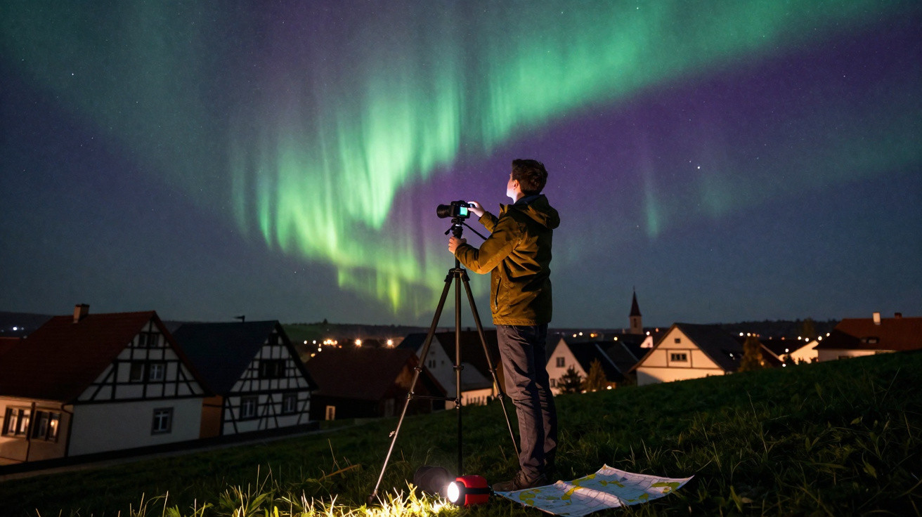 Pessoa fotografando a aurora boreal à noite em área gramada com casas ao fundo.