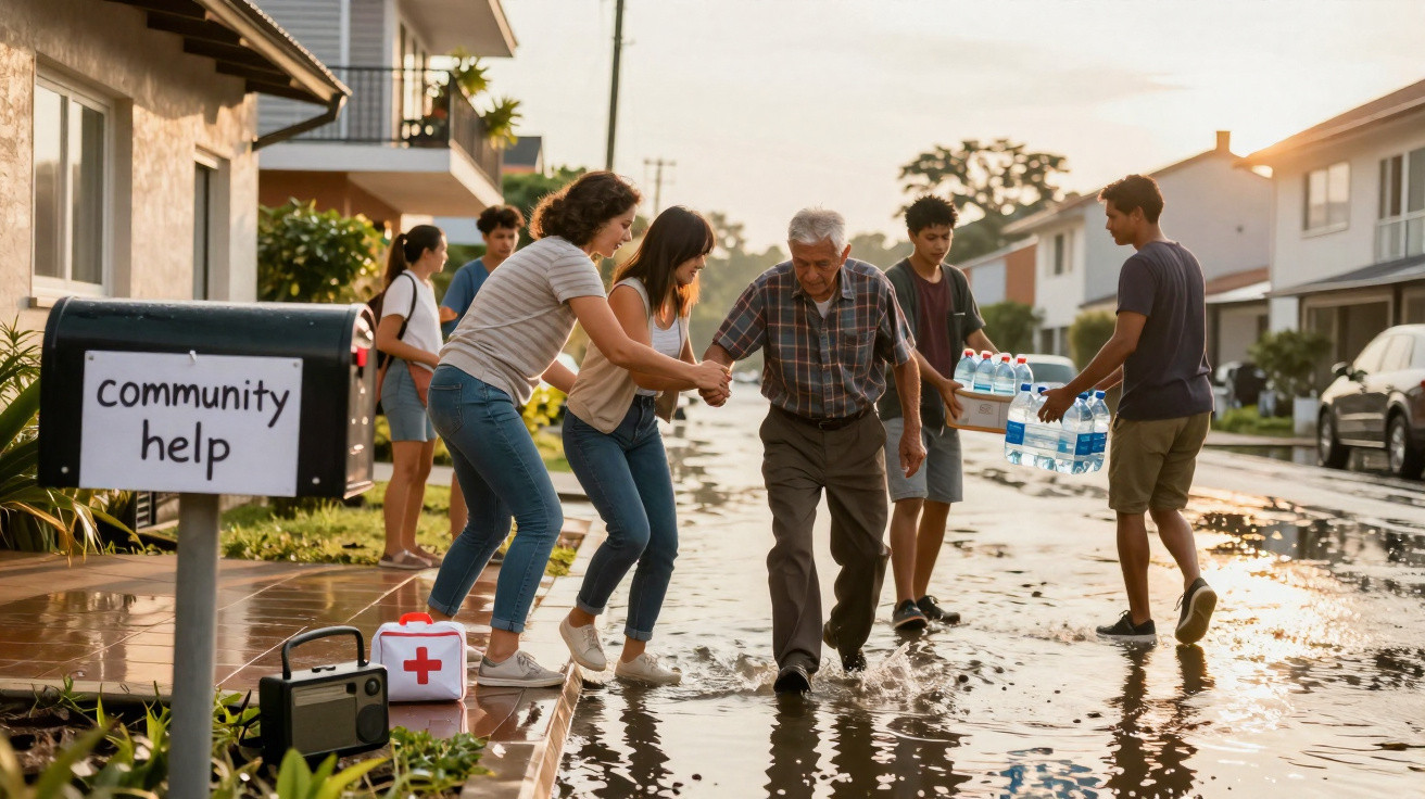 Voluntários ajudam idoso a atravessar rua alagada em bairro residencial no pôr do sol.