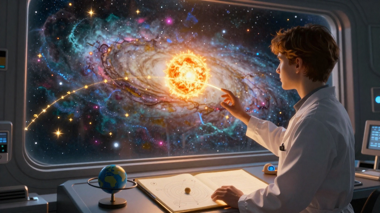 Jovem cientista em laboratório observa e aponta para o sistema solar brilhante em uma grande janela espacial.