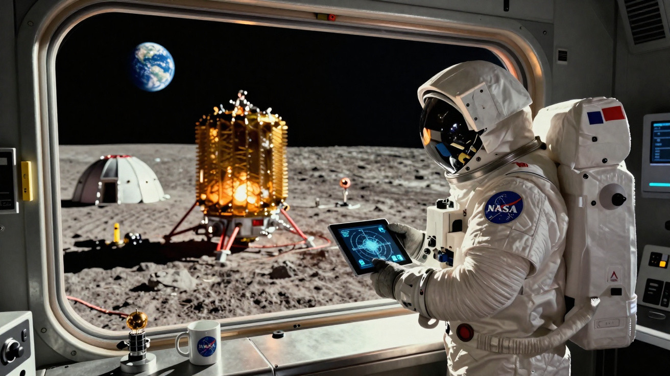 Astronauta da NASA em módulo lunar observando a superfície da Lua com Terra ao fundo.