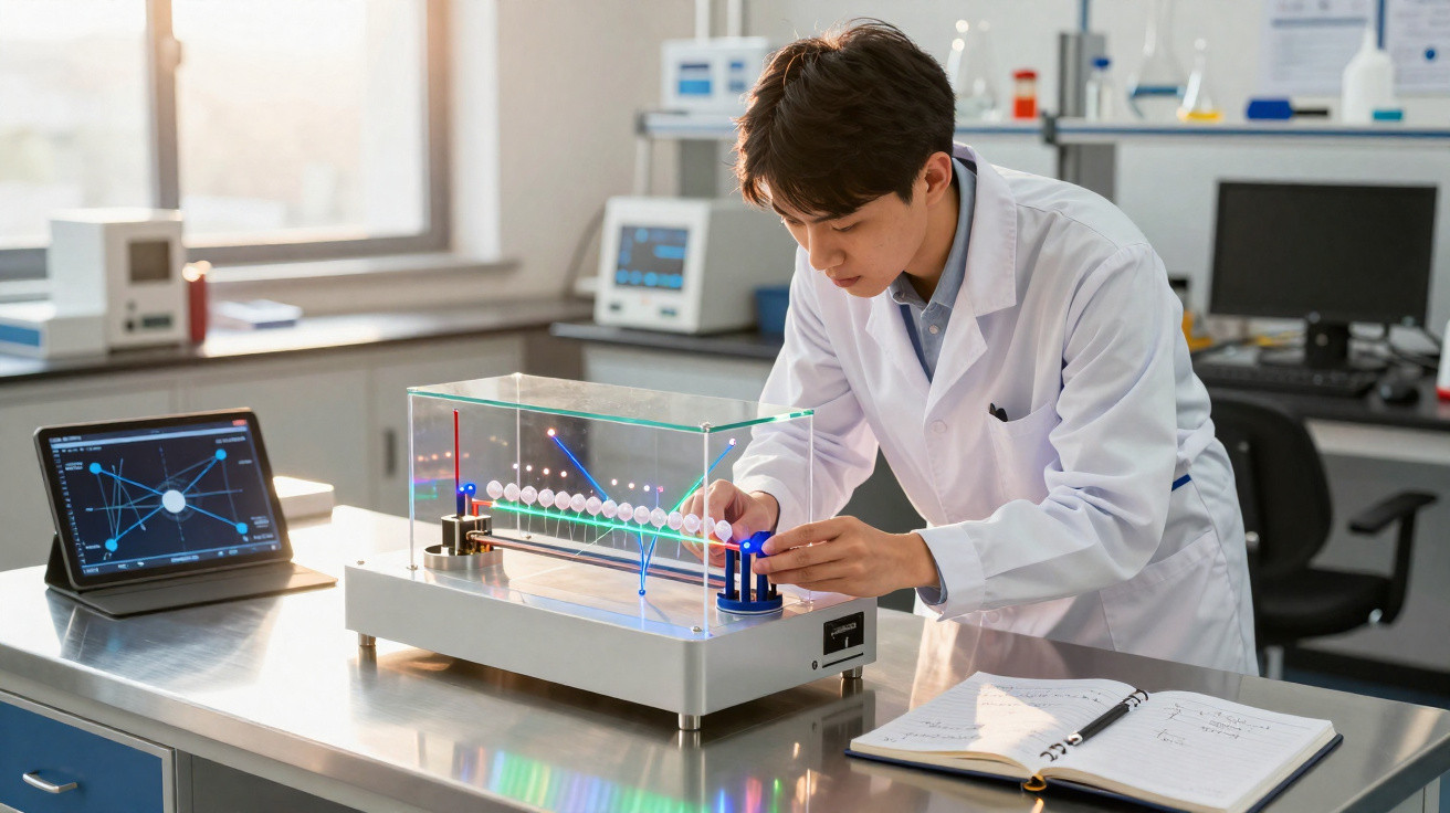 Jovem cientista em jaleco ajusta equipamento de física em laboratório moderno com tablet e caderno aberto.