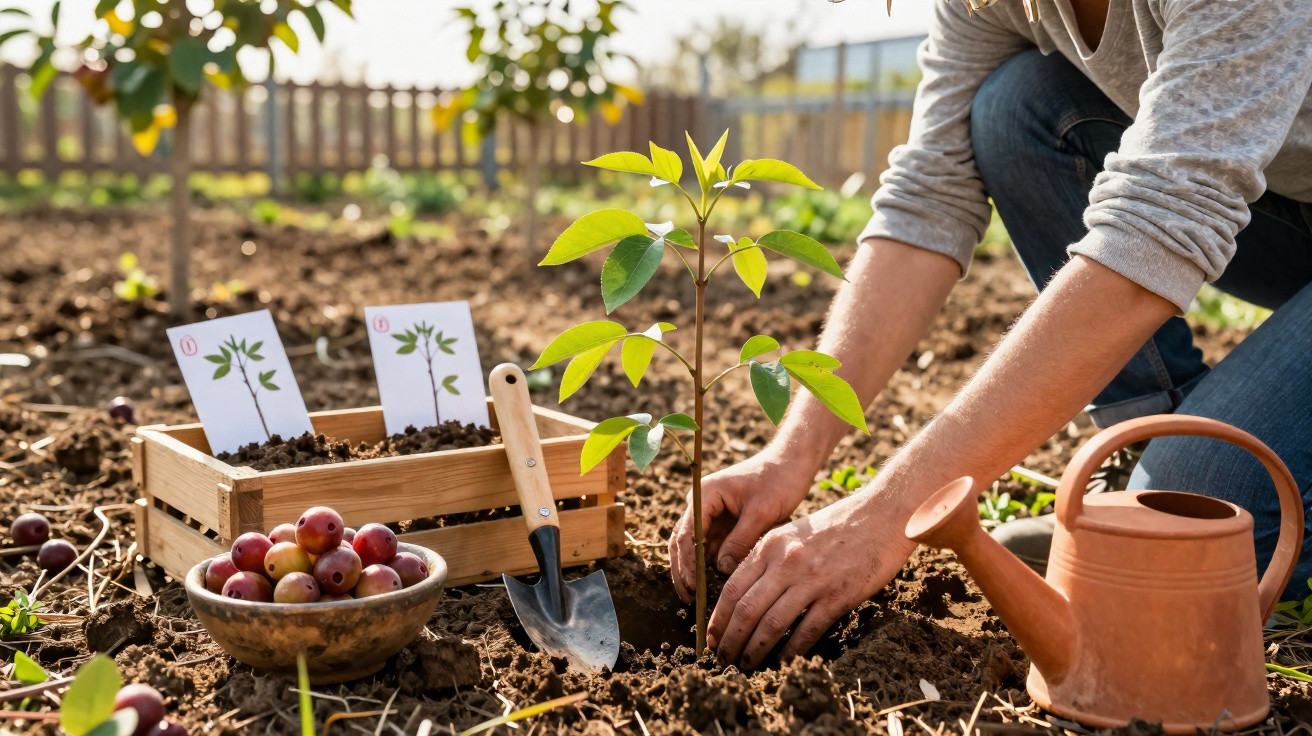 Pessoa plantando mudas de árvore em jardim com regador, pá, e frutas ao redor.