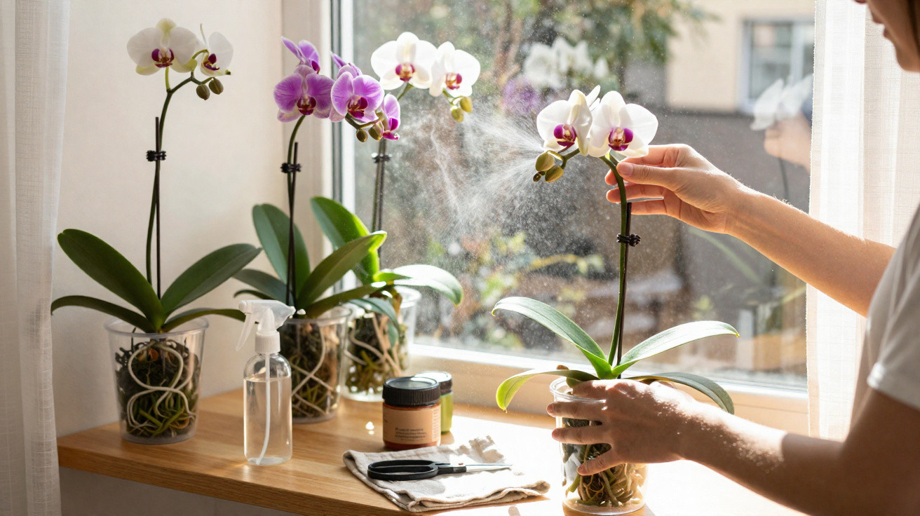 Pessoa borrifando água em orquídea branca em um parapeito de janela iluminado pelo sol.