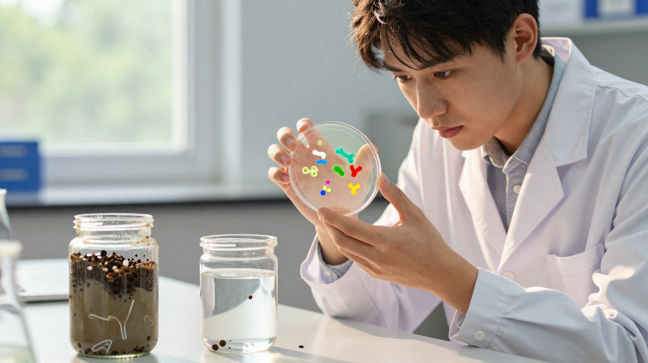 Cientista observa cultura colorida em placa de Petri em laboratório com frascos na bancada.