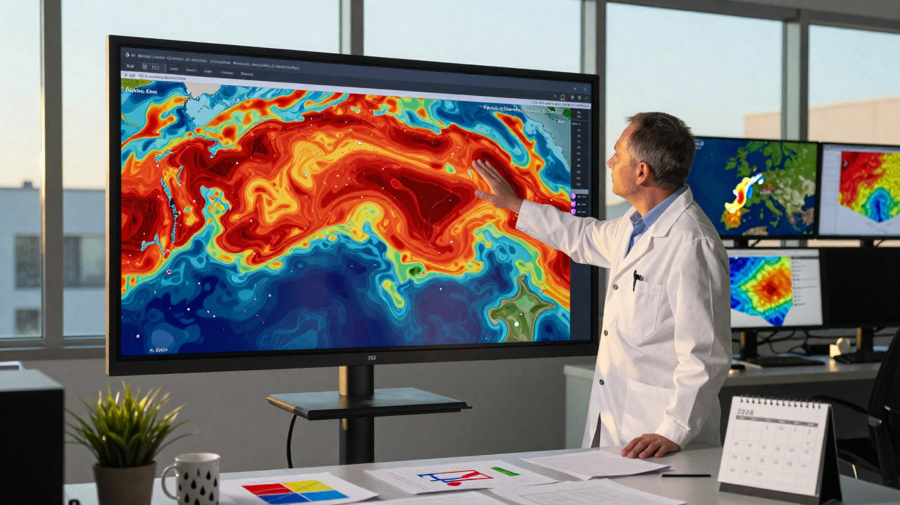 Cientista em jaleco analisa gráficos climáticos coloridos em tela grande, em escritório com janelas.